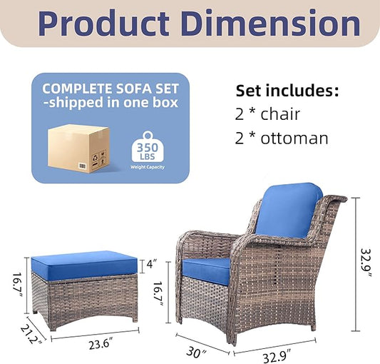4 Pcs High Back Wicker Patio Chairs Set with Ottoman, Outdoor Porch Chair with Thick Cushion for Balcony Deck Yard and Porch, Blue