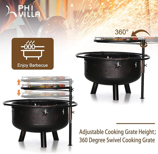 PHI VILLA 30" Outdoor Wood Burning Firepit with Cooking Grate, Patio Deep Bowl Steel Fire Pits for Outside with Adjustable Swivel BBQ Grill Pan, Star & Moon Cutouts Pattern, Poker & Spark Screen