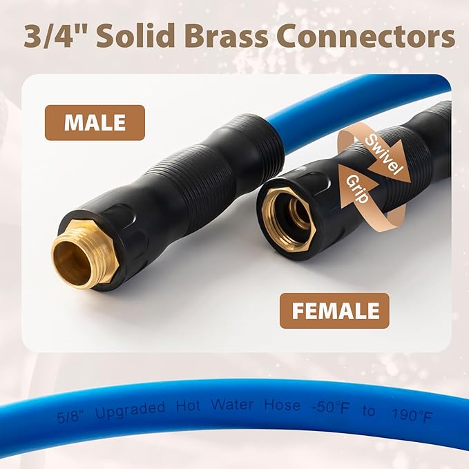 5/8" Hot/Cold Water Hose 50ft, -50℉ To 190℉ Heavy Duty,Flexible,Burst 600 Psi 3/4" Brass Fittings with Swivel Grip Handle for Outdoor,Yard, Farm, Blue