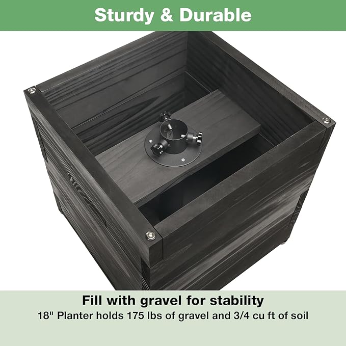 Extra Large Decorative Wooden Planter w/ Universal Pole Support for String Light Poles, Umbrellas, Bird Feeders. Solid Wood Outdoor Garden Box for Plants(Does not include Pole), 17"x17"x18", Black