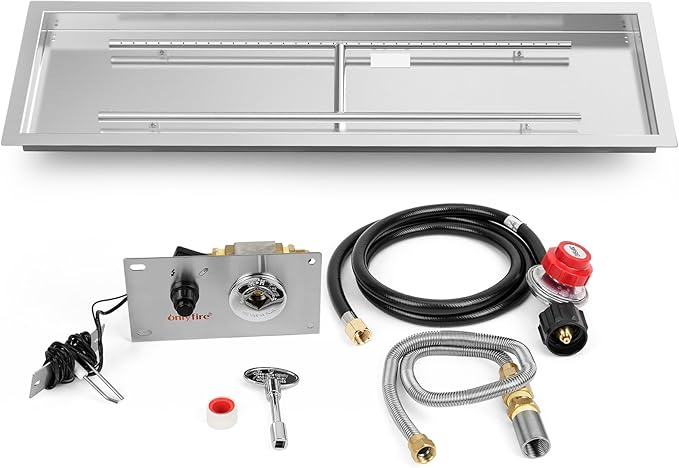 Onlyfire 48 x 14 Inch Drop-in Fire Pit Pan Kit, Rectangular Stainless Steel Propane Gas Firepit Pan Kit with H Burner, Spark Ignition and Propane Hose Kit for Indoor or Outdoor DIY Fire Pit Fireplace