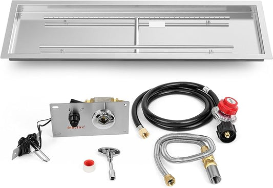 Onlyfire 48 x 14 Inch Drop-in Fire Pit Pan Kit, Rectangular Stainless Steel Propane Gas Firepit Pan Kit with H Burner, Spark Ignition and Propane Hose Kit for Indoor or Outdoor DIY Fire Pit Fireplace