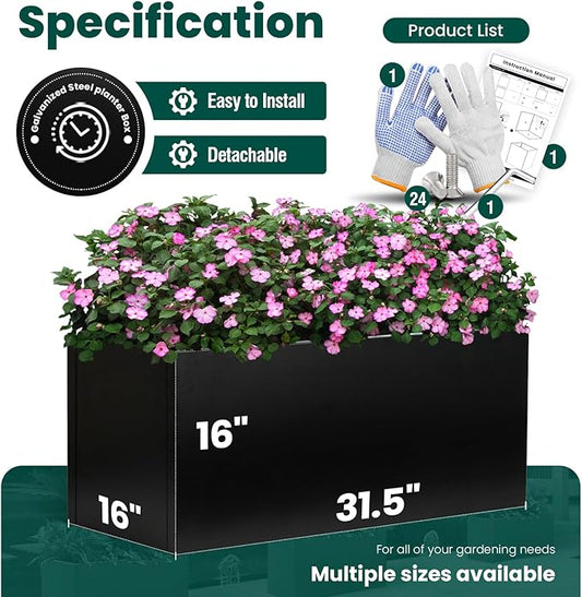 Galvanized Steel Metal Rectangular Planter Black Indoor Planter Box Steel Large Outdoor Planters 31.5" L x 16" W x 16" H Commercial Residential for Patio, Yard, Garden