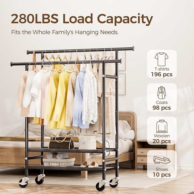 Double Rods Clothes Racks , Rolling Clothing Rack for Hanging Clothes with Wheels & Shelves，Portable Garment Coat Wardrobe Rack for Bedroom,Laundry living Room ,16.93″ L × 39.37″ W × 63.78″ H,Black