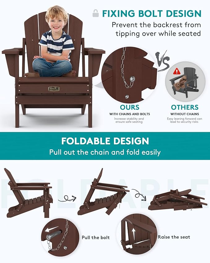 SERWALL Folding Adirondack Chair for Outdoor, All-Weather Patio Chairs with Wood Texture, Fire Pit Chairs for Deck Porch Garden (Folding Coffee)
