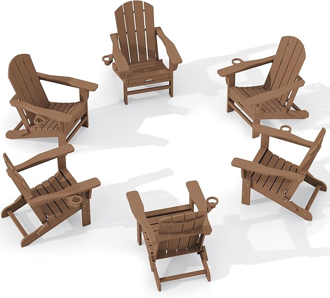 KINGYES Folding Adjustable Adirondack Chair with Retractable Ottoman Set of 6, HDPE All Weather Chair with Cup Holder - Versatile Adirondack Chair, Brown