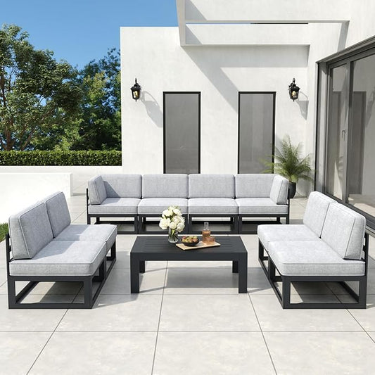9 Pieces Aluminum Patio Furniture Set with Coffee Table, Metal Outdoor Conversation Sofa Set with Seating Cushions