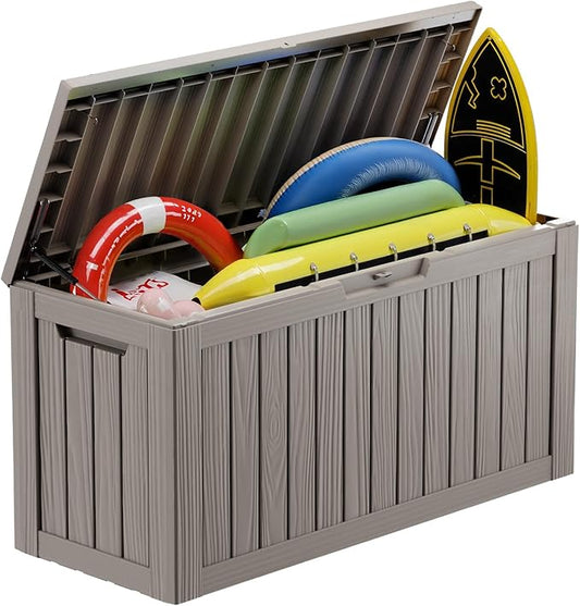 Vixzen 86 Gallon Resin Deck Box, Lockable Outdoor Storage Box for Patio Cushions Storage Furniture,Garden Tools, Pool Supplies, Weatherproof and UV Resistant- Grey