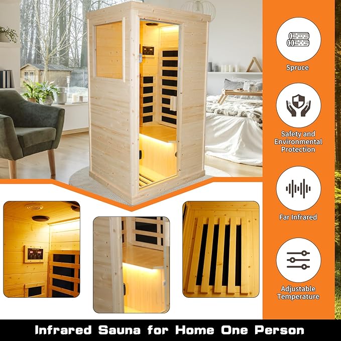 Infrared Sauna Home Traditional Sauna for Home Low EMF 1100W for 1 Person Relaxing Backboard with Control Panel, Bluetooth Speaker, Reading Lamp,Top Starry Sky (Natural Wood, 37.4”×27.5“×67.3”)