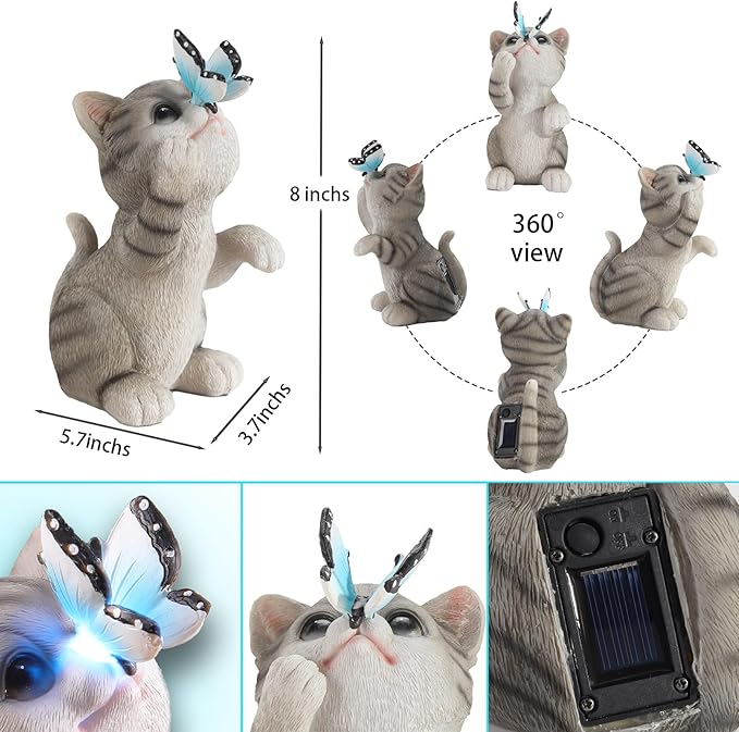 halp·ssfm Cat Garden Statue Outdoor Solar Decorations Butterfly Light Figurine Color Changing LED Lights Resin Sculpture Art Decor Patio Lawn Yard Housewarming Gifts for Women Grandma Mom