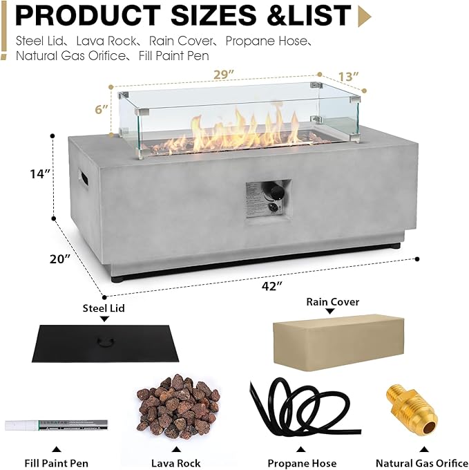 42inch Rectangular Concrete Fire Pit Propane with Wind Guard, 2-Piece Gas Firepit for Outside Patio 50,000 BTU Outdoor Fire Table with Steel Lid, Wind Guard, Lava Rocks, Rain Cover