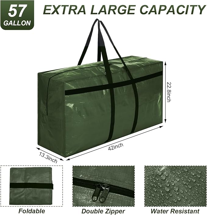 Windyun 4 Pack 57 Gallon Extra Large Storage Bags XXL Moving Bags with Zipper Handles Heavy Duty Jumbo Big Tote Box for Christmas Tree Storage 4, 5, 7.5, 9, 10, 12 ft Skeleton College Dorm(Army Green)