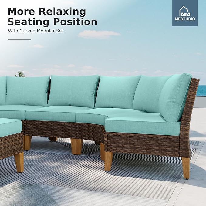 MFSTUDIO 12 Pieces Extra Large Wicker Patio Furniture Set, Rattan Outdoor Half-Moon Sectional Sofa Curved Patio Conversation Set, 8 x Curved Sofa, 2 x Armless Couch, 2 x Ottoman(Aqua Blue Cushion)