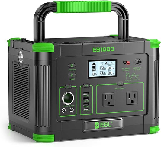 Solar Generator 1000W (Peak 2000W), EBL 999Wh Portable Power Station, 110V Pure Sine Wave AC Outlet with PD 60W USB-C Fast Charging, Outdoor Camping RV Van Home Backup Off-Grid Living