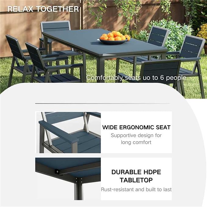 Kingdura 7 Piece Patio Dining Set for 6, HDPE Outdoor Table & Chairs with 11ft Cantilever Patio Umbrella, All-Weather Outdoor Furniture Patio Conversation Set for Lawn Pool Backyard, Blue