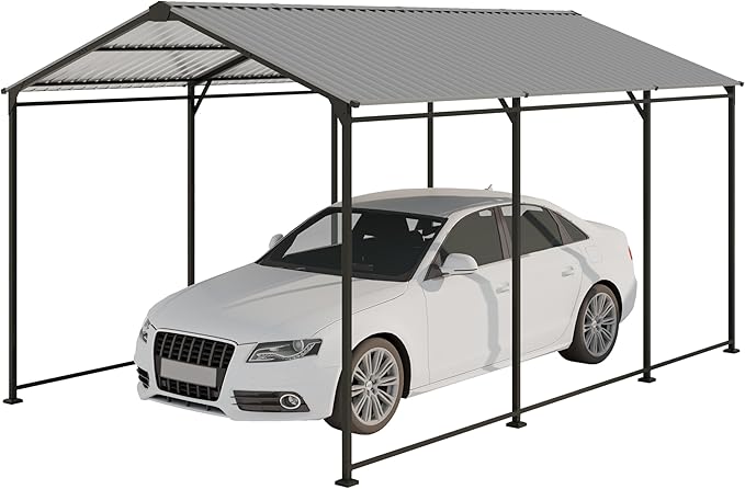 Ball & Cast 10x15 FT Carport with Galvanized Steel Roof, Heavy Duty Metal Carport Canopy, Metal Car Shelter Outdoor Storage Shed for Car, Boats, Truck,Gray