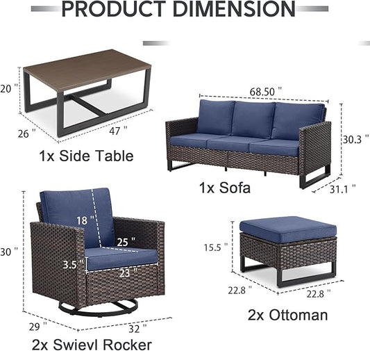 6 Piece Wicker Patio Furniture Set - Outdoor Swivel Rocker Chairs Set with Coffee Table, 3 Seat Sofa & Ottomans, Small Patio Conversation Sets Proch Furniture for Balcony Deck - Brown/Blue