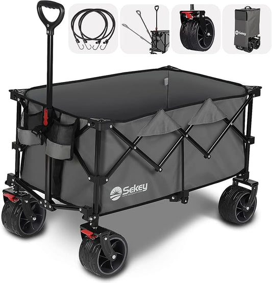 Sekey 220L Collapsible Foldable Wagon with 330lbs Weight Capacity, Heavy Duty Folding Utility Garden Cart with Big All-Terrain Beach Wheels & Drink Holders. Grey