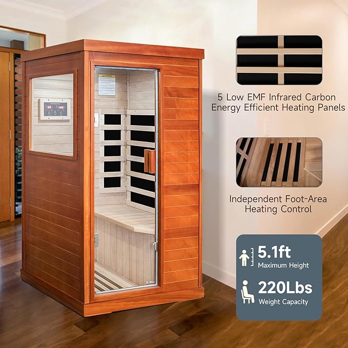 RIGO Far Infrared Sauna for Home Dry Sauna for Home Wood Sauna Room 1 Person Infrared Sauna Indoor One Person Sauna Low EMF Okoume Wood Sauna with Control Panel, Speakers and Tempered Glass Door