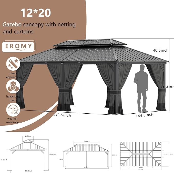 12’x20’ Hardtop Gazebo Outdoor Aluminum Frame Permanent Gazebo Galvanized Steel Double Roof Gazebos with Nettings and Curtains for Patio, Lawns,Backyard, Deck(Grey)
