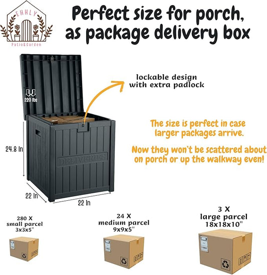 51 Gallon Resin Package Delivery Box for Outside, Lockable Secure Bin for Front Porch, Large Deck Boxes Outdoor Waterproof, Driver Snack Box, Grey