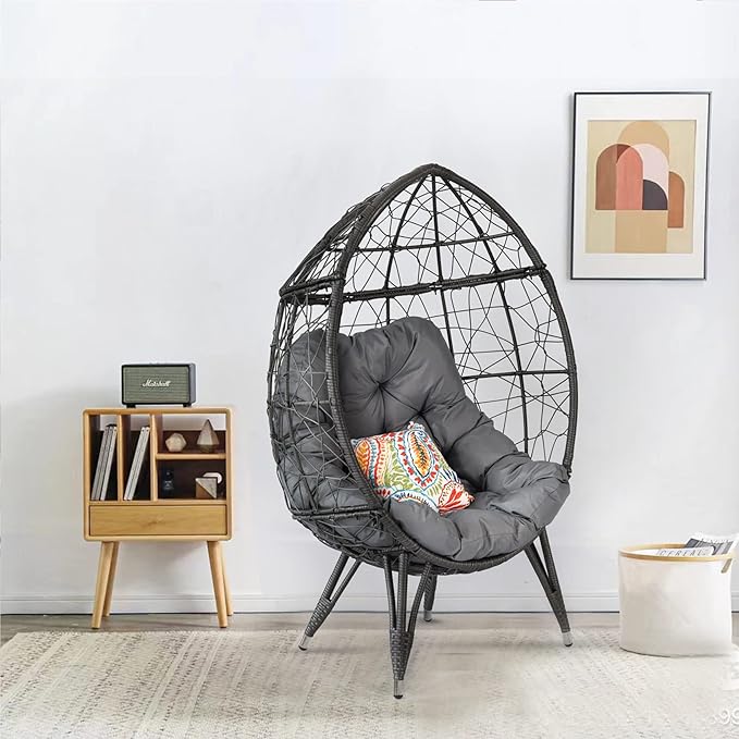 Outdoor Egg Chair, Part of Patio Conversation Set, All-Weather Wicker Lounge Chair with Thick Cushions, Single Seat for Balcony, Garden, Porch, Grey