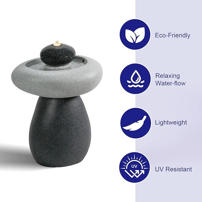 Puulye 24.02" H Outdoor Water Fountain Made with Eco-Friendly Recyclable Materials, Polyethylene Rock Waterfall Outdoor Fountain, Garden Decor with LED Light & Pump for Patio, Backyard