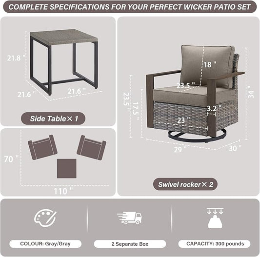 Belord Outdoor Swivel Rocker Chairs Set of 2 with Metal Wide Armrests, 3 Piece Patio Bistro Wicker Chairs with Side Table, Comfort Glider Furniture for Porch, Deck, Sunroom, Backyard