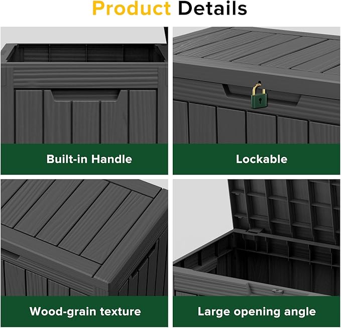 45 Gallon Waterproof Deck Box, Lockable Resin Storage Box for Patio Furniture Cushions, Garden Tools & Outdoor Delivery - Black, Easy Assembly, Multipurpose Patio Seat Bench