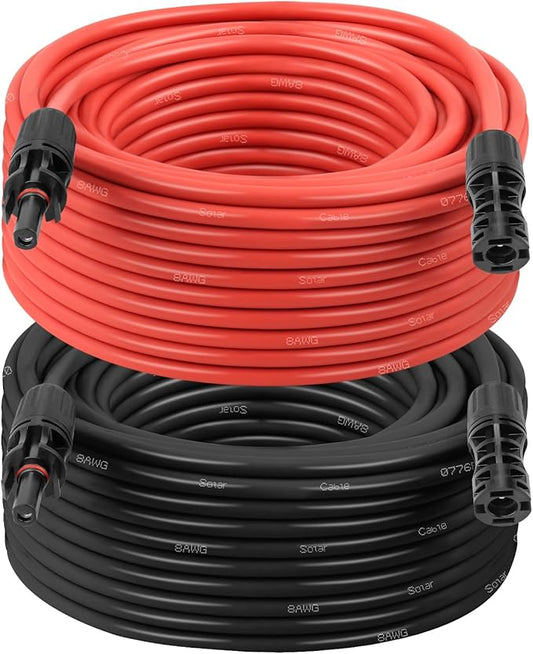 Solar Extension Cable 8AWG 50FT 2-Pack (Red + Black), PV Wire with Male/Female Solar Connectors, Weatherproof Solar Panel Wire for RV, Boat, Inverter, Off-Grid Systems