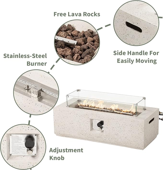 COSIEST 2-Piece Outdoor Propane Fire Pit Table Set w Tank Table, 42" Terrazzo Rectangle Fire Table (Certified, 50,000 BTU) w 16" Tank Cover Side Table, Wind Guard, Rain Cover for Garden, Pool