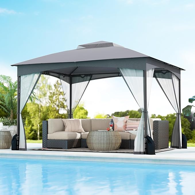 Tangkula 10x12 FT Outdoor Gazebo with Netting, Double Roof Patio Shelter with 4 Sandbags, Zippered Doors, Heavy-Duty Metal Frame, Metal Patio Gazebo for Yard Garden Lawn (Grey)