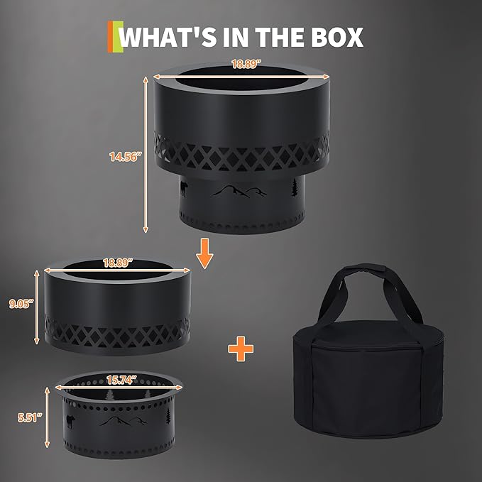 19 Inch Smokeless Fire Pit, Wood Burning Outdoor Fireplace with Removable Ash Pan & Dust Bag - Ideal for Patio BBQ, Bonfire, Camping