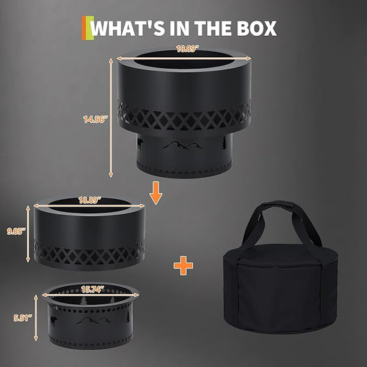 19 Inch Smokeless Fire Pit, Wood Burning Outdoor Fireplace with Removable Ash Pan & Dust Bag - Ideal for Patio BBQ, Bonfire, Camping