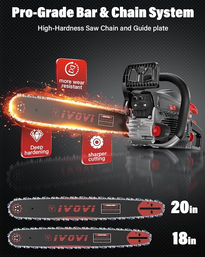 IVOVI 63CC Gas Chainsaw 20 Inch & 18 Inch Bar - 3.7HP 2-Cycle Gas Chain Saw with Easy Start, Anti-Vibration for Forest Logging, Wood, Orchards and Ranches Cutting Use