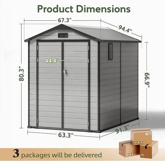 6×8FT Plastic Outdoor Storage Shed, Double Door Tool Shed with Transparent Roof and Vent, Lockable Door with Key, Storing Patio Furniture, Gardening Tools, and Bicycle Accessories.