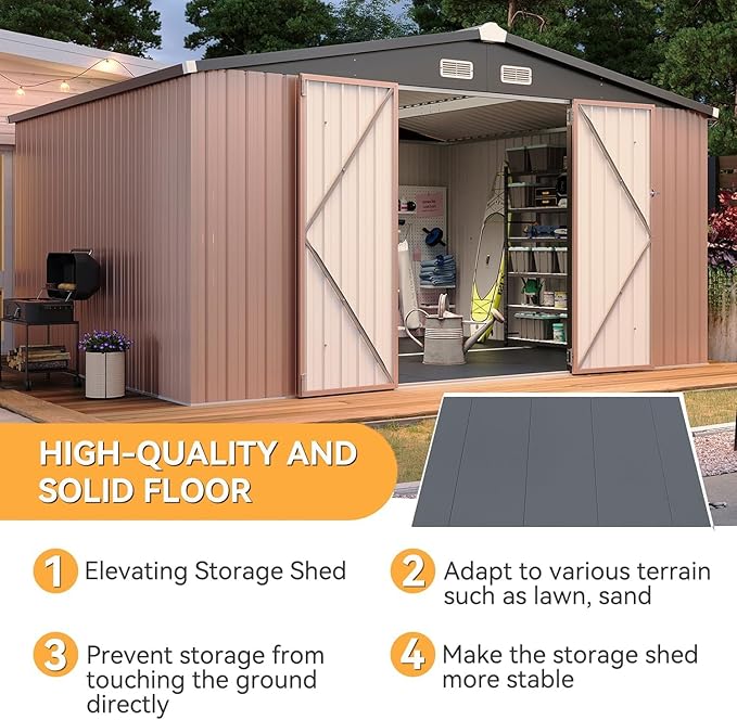 Aoxun 12x10 FT Galvanized Steel Outdoor Storage Shed - Metal Garden Shed with Double Doors, Thick Moisture-Proof Interlocking Floor, Ventilation System - Ideal for Generator & Tool Storage (Brown)