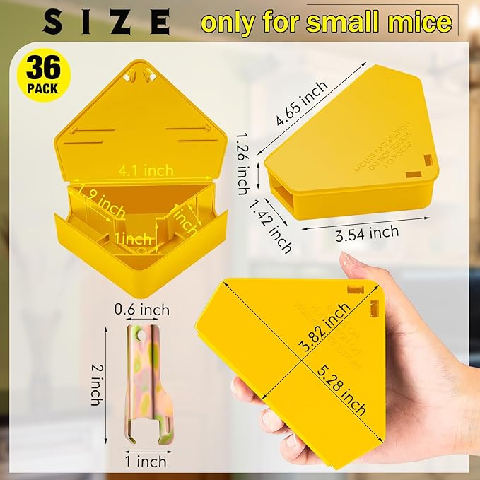 Qualirey 36 Pcs Mice Station with Key Triangle Bait Station Reusable Rodent Trap Bait Box, Keeps Children and Pets Safe Indoor & Outdoor, Bait Not Included, Suitable for Small Mice (Yellow)
