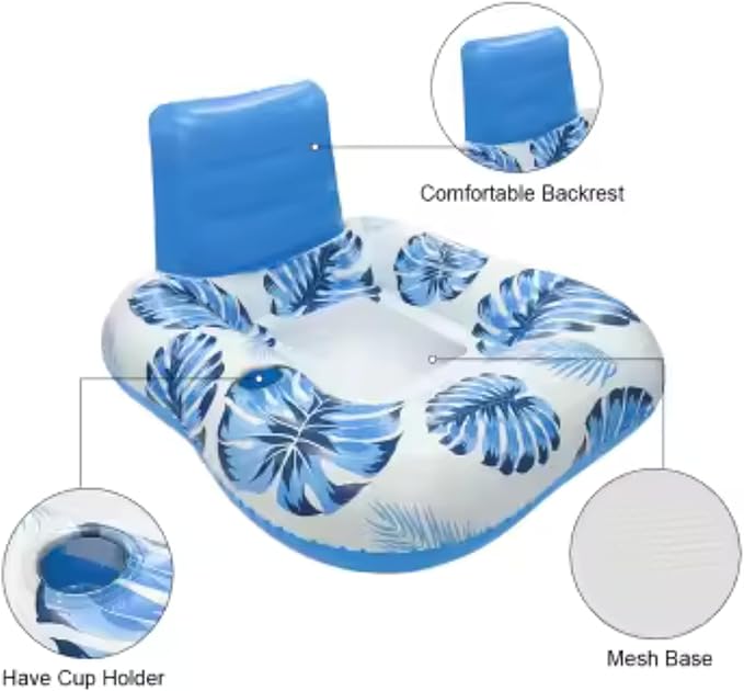 Square Inflatable Pool Lounger with Backrest (Two Pack), Tropical Palm Leaf Float for Adults, Relaxing Pool Raft with Cooling Mesh Seat