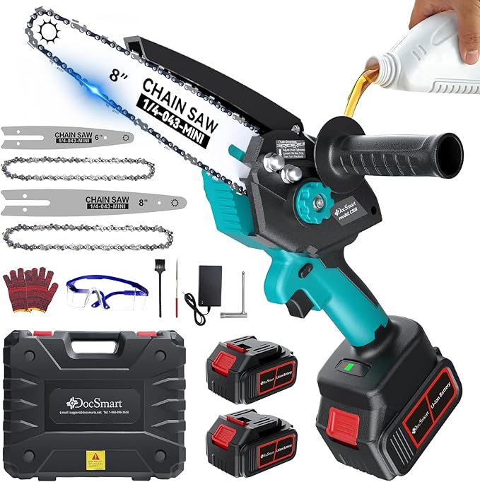 DocSmart Mini Chainsaw Cordless, 8 inch & 6 inch Electric Chain Saw with 2pcs 4000mAh Batteries, Battery Powered Handheld Saw for Trees Trimming Wood Cutting, Ideal Gift for Men Dad Husband