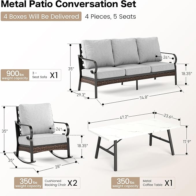4 PCS Metal Outdoor Patio Furniture Set, Patio Conversation Sets 1 3-Seater Sofa, 2 Rocking Chairs with 5.75" Extra Thick Cushion & Coffee Table, Black Backyard Furniture, Light Gray