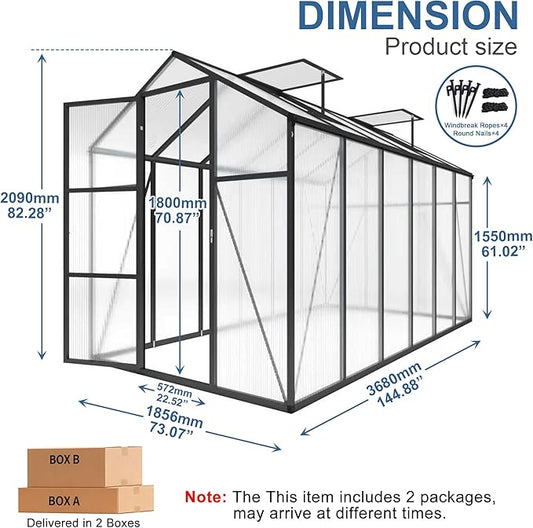 KEIKI 6x12 FT Polycarbonate Greenhouse for Outdoors, Durable Aluminum Walk-in Greenhouse with Gutter Drainage & Tall Growing Space for Plants, Black