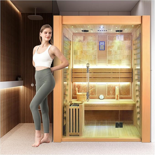 Wooden Steam Sauna Room, 2 Person Canadian Red Cedar Luxurious Indoor Sauna with 4.5 KW Harvia Stove Heater, Bluetooth Speaker, Sauna Stone, Wooden Bucket, Scoop, Reading Light, Hourglass, 220V