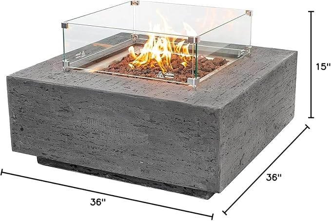 AMS Creations | Albany Square Propane Gas Outdoor Fire Pit Table | Concrete GFRC Fire Pit Table | with SS Lid, Canvas Cover, Lava Rock and Wind Guard Included (Fuel Type: Liquid Propane)