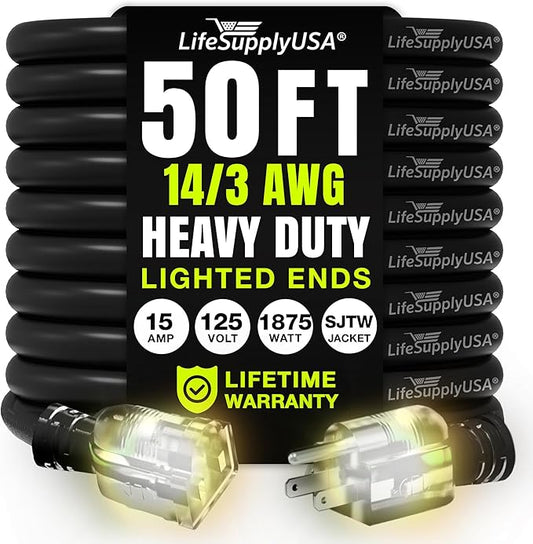 50ft Outdoor/Indoor Extension Cord 14/3 Gauge Heavy Duty 3 Prong SJTW, Waterproof, Flexible Cold-Resistant Long Power Cord,15A 125V 1875W, Black by LifeSupplyUSA