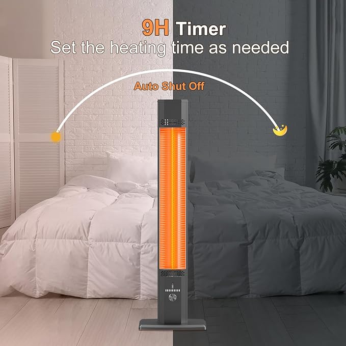 42 INCH Patio Heater, 1500W Outdoor Heater, 9 Heat Levels & 9 Hour Timer, 1S Instant Heat, Infrared Heater with Child Safety Lock, IP65 Waterproof, Tip-Over for Outdoor Indoor Use, Black
