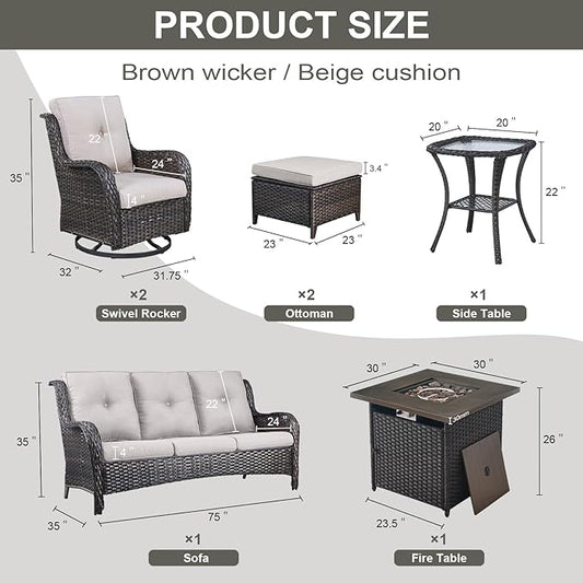 Belord Outdoor Patio Furniture Set with Propane Fire Pit Table, 7 Pieces Wicker Patio Conversation Set with 2 Swivel Glider Rocker Chair Rattan Sofa Beige Cushion Perfect for Casual Gathering
