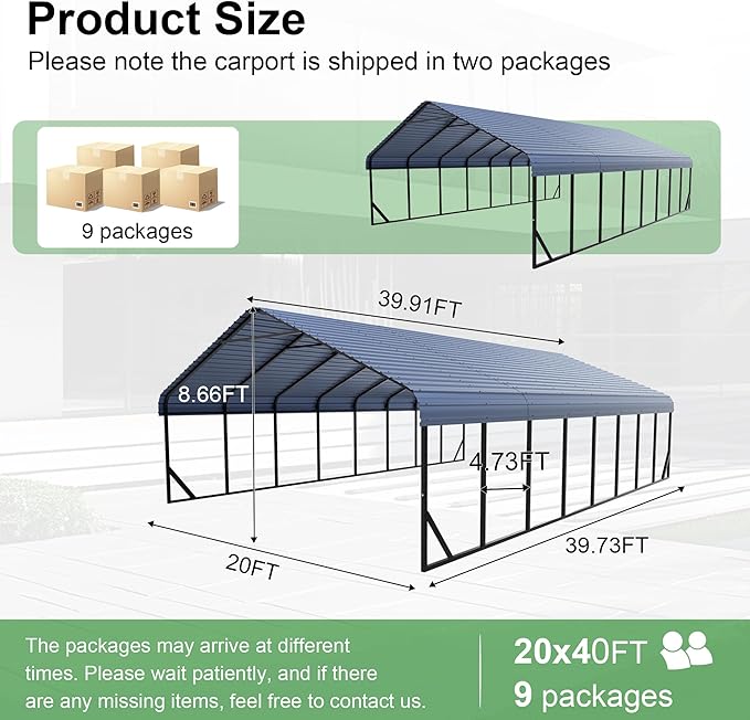 RV Metal 20x40FT Carport Canopy Heavy Duty Carports Kits for Garage,Aluminum Car Ports with Steel Shelter Frame Cover for 4 Car or Boats