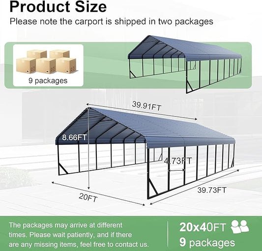 20x40 FT Carport Canopy Heavy Duty RV Metal Carports Kits for Garage,Aluminum Car Ports with Steel Shelter Frame Cover for 4 Car or Boats