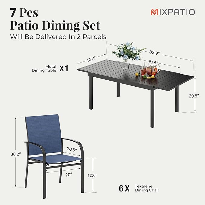 7 Pieces Patio Table and Chairs Set, Patio Dining Set for 6, 6 Textilene Chairs and 1 Expandable Rectangle Table with Umbrella Hole, for Deck Backyard Lawn Poolside, Blue